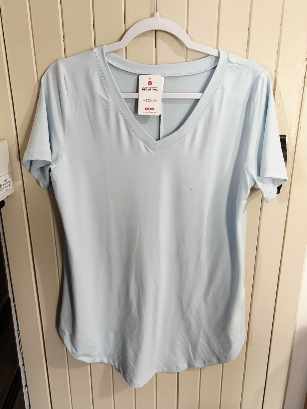 Medium Light Blue V-Neck Short Sleeve Women's Top